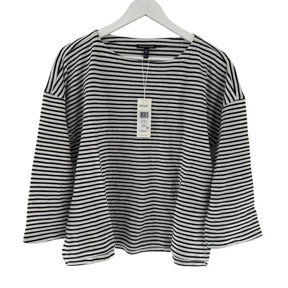 Eileen Fisher Women's Black White Striped Cotton Slub Bateau Neck Top Size M - Picture 6 of 11